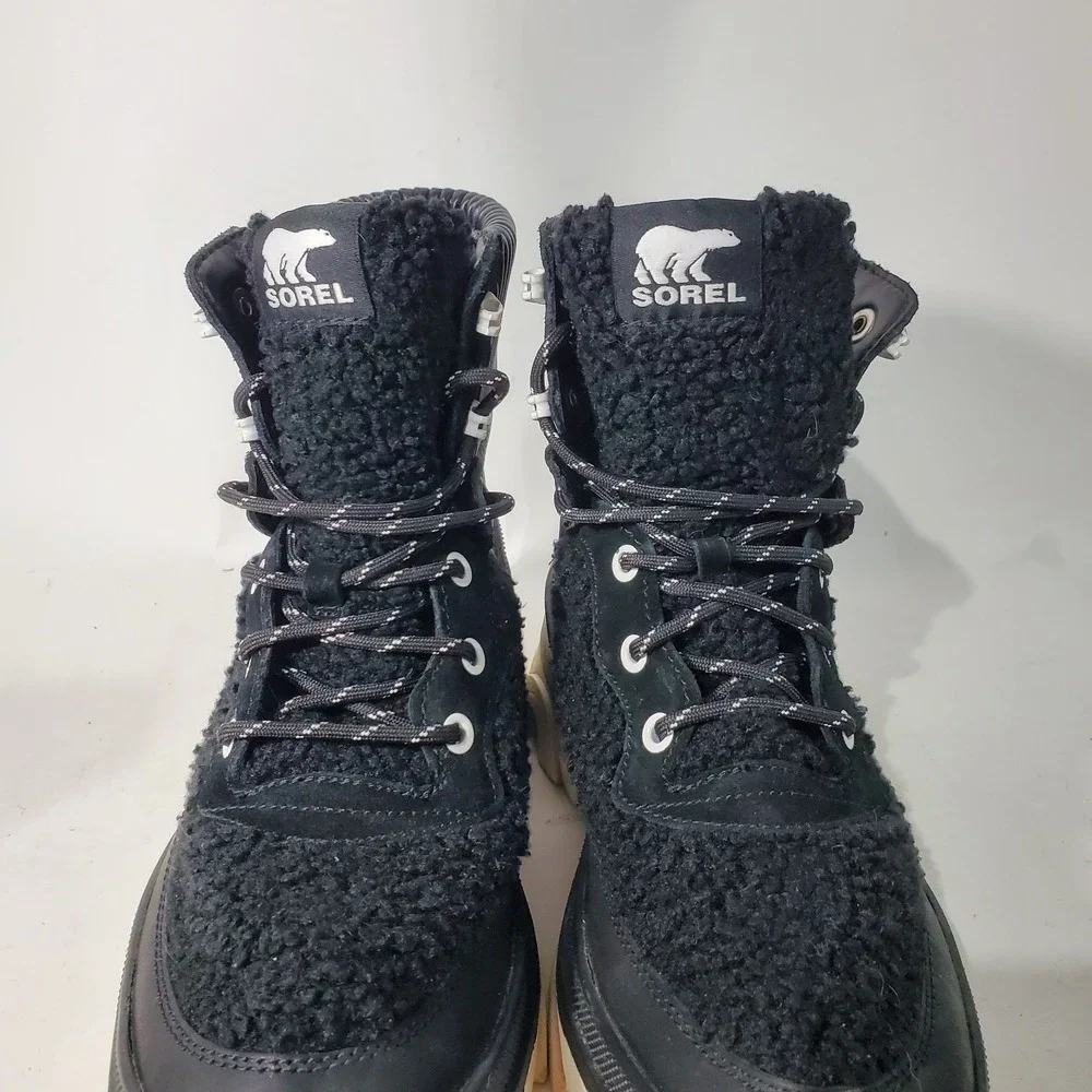 Sorel Boots Womens 9.5 Black White Shearling Brex Cozy Chunky Heel Lug Sole